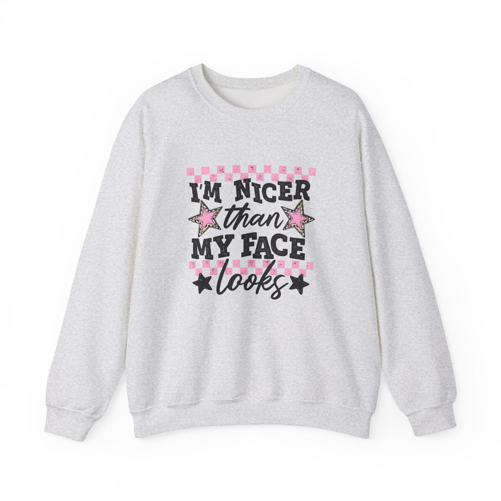 Crewneck Sweatshirt — “I’m Nicer Than My Face Looks” Pink Checker Star Design