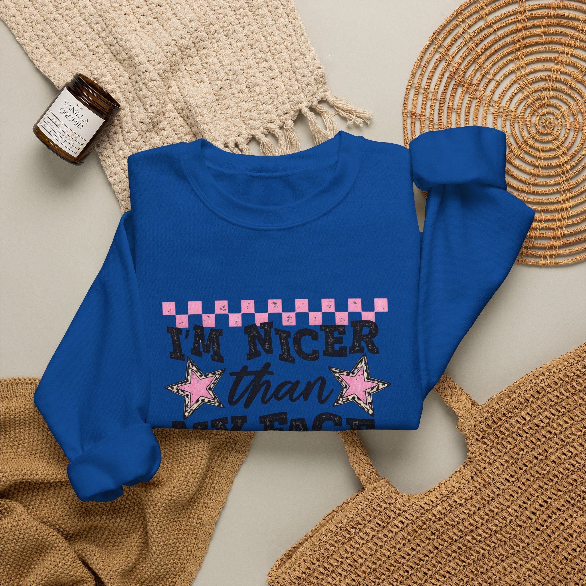 Crewneck Sweatshirt — “I’m Nicer Than My Face Looks” Pink Checker Star Design