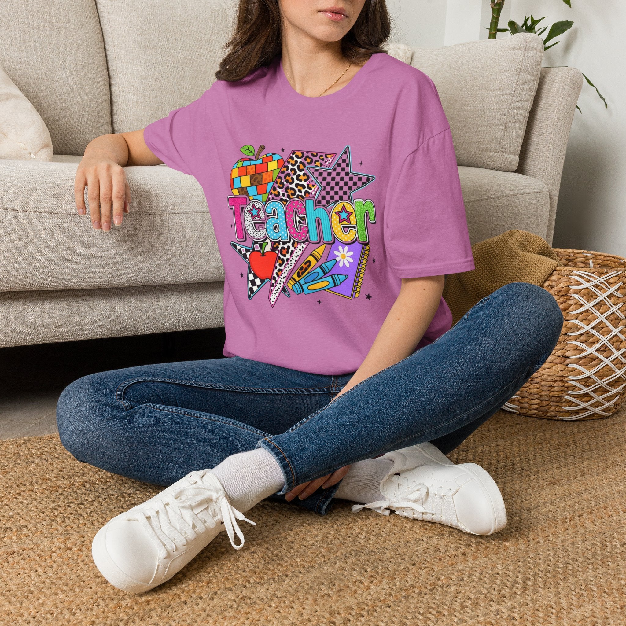 Teacher Colorful Stars & Apple Graphic T-Shirt
