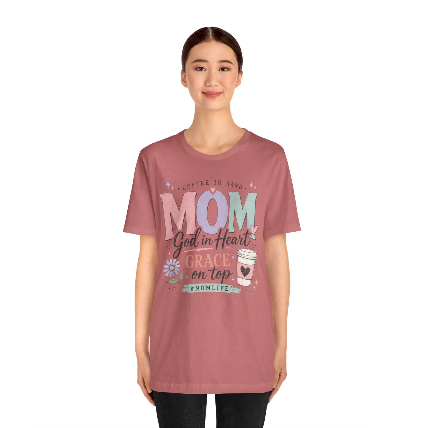 "Mom: God in Heart, Grace on Top" Floral Coffee Momlife Tee