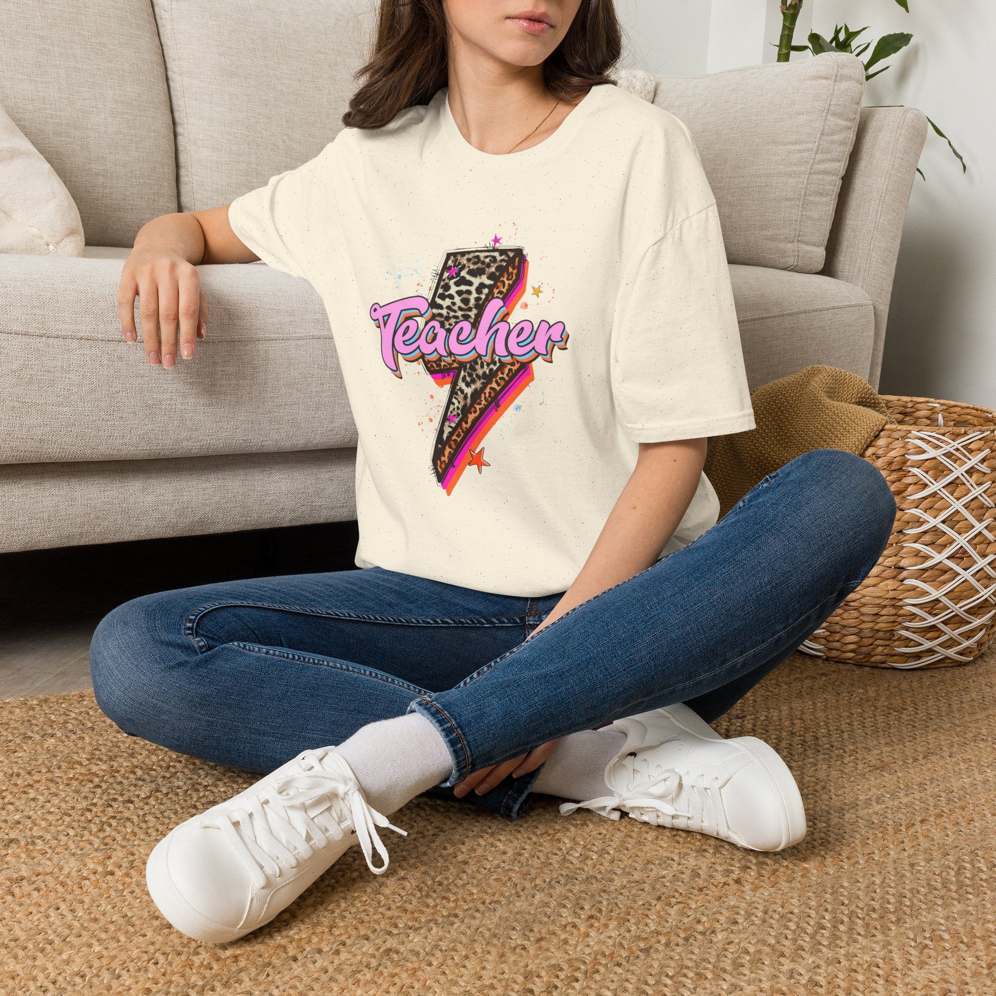 Teacher Lightning Bolt Graphic Tee — Leopard Print Retro Teacher Shirt