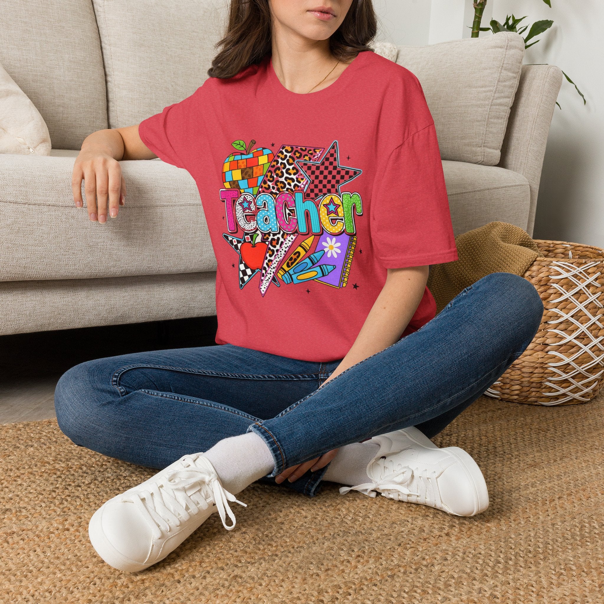 Teacher Colorful Stars & Apple Graphic T-Shirt
