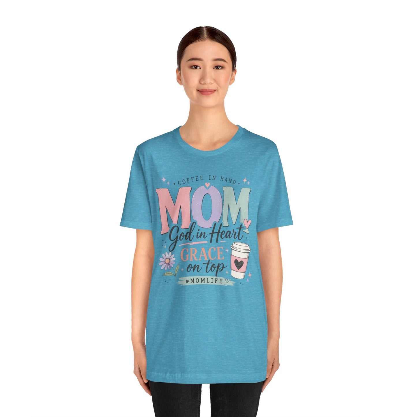 "Mom: God in Heart, Grace on Top" Floral Coffee Momlife Tee