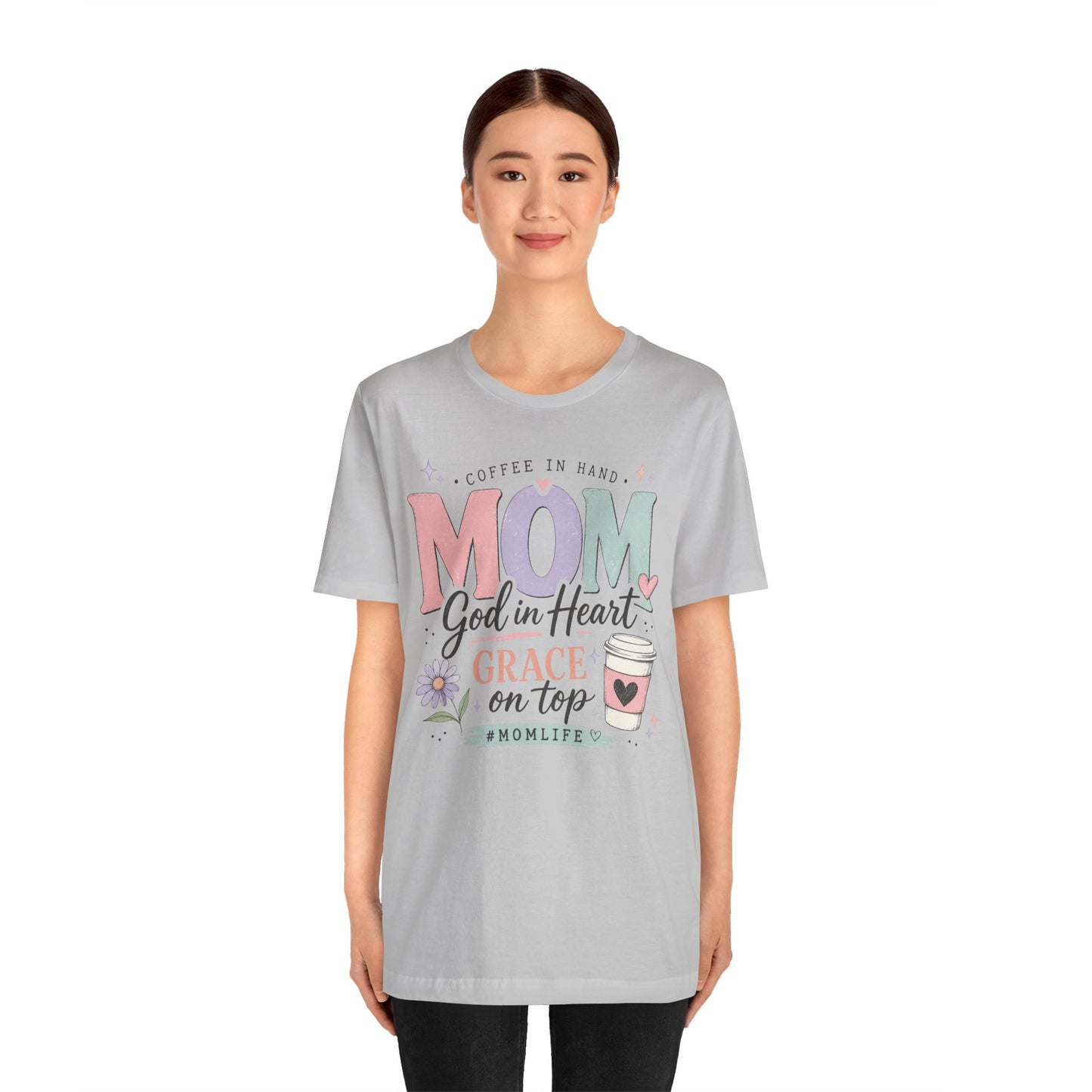 "Mom: God in Heart, Grace on Top" Floral Coffee Momlife Tee