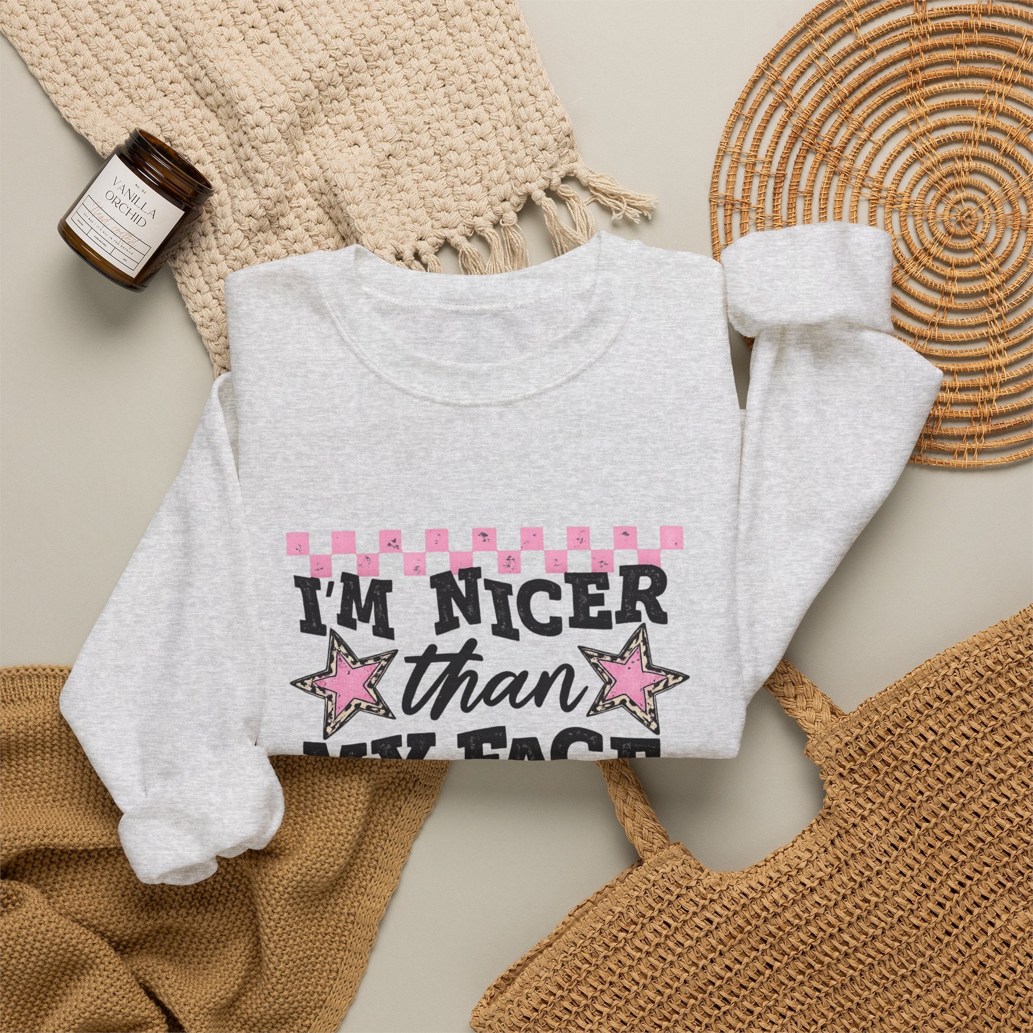 Crewneck Sweatshirt — “I’m Nicer Than My Face Looks” Pink Checker Star Design