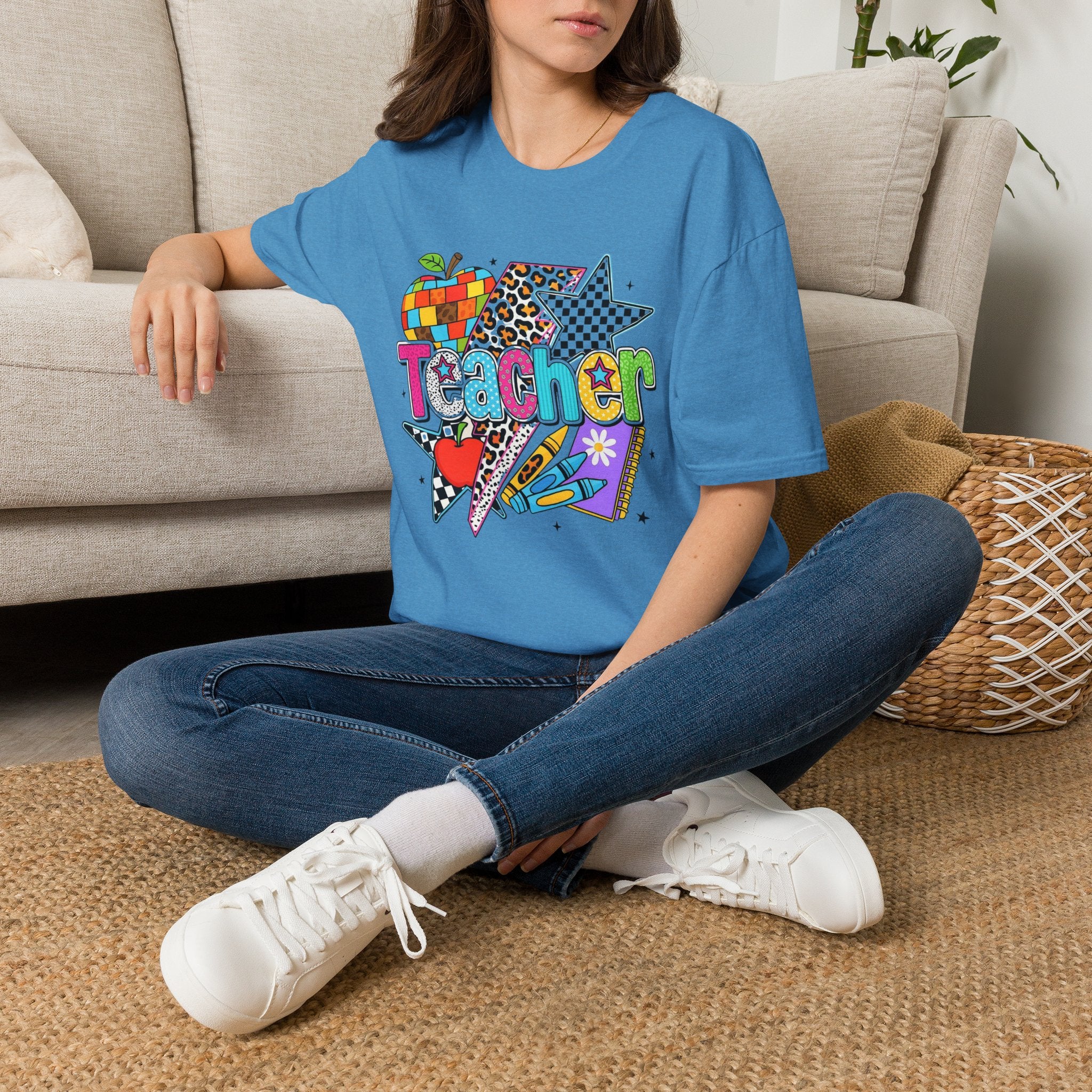 Teacher Colorful Stars & Apple Graphic T-Shirt