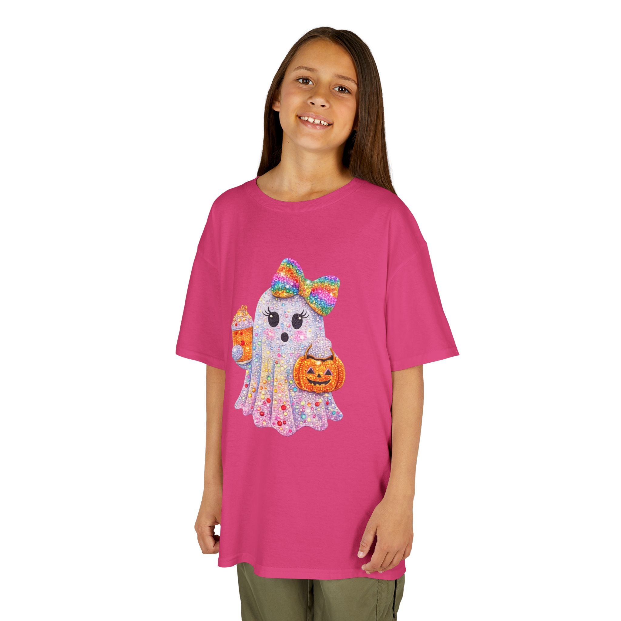 Kids Halloween Ghost Tee — Glitter Bow Ghost with Candy & Jack-o'-Lantern