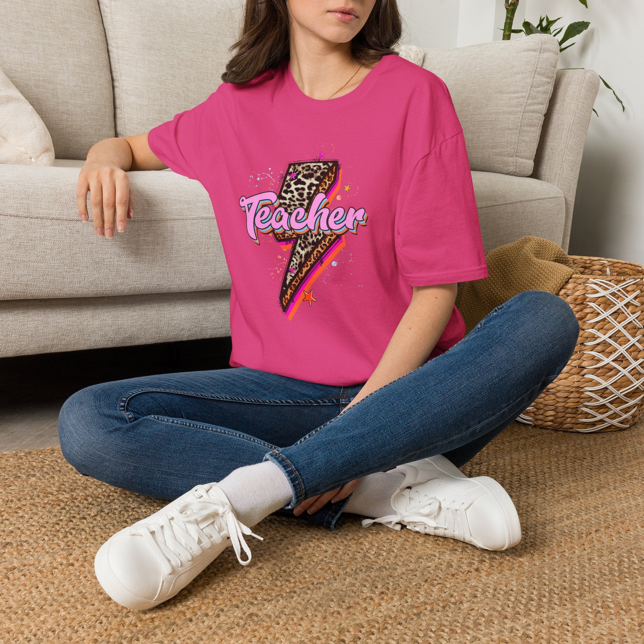 Teacher Lightning Bolt Graphic Tee — Leopard Print Retro Teacher Shirt