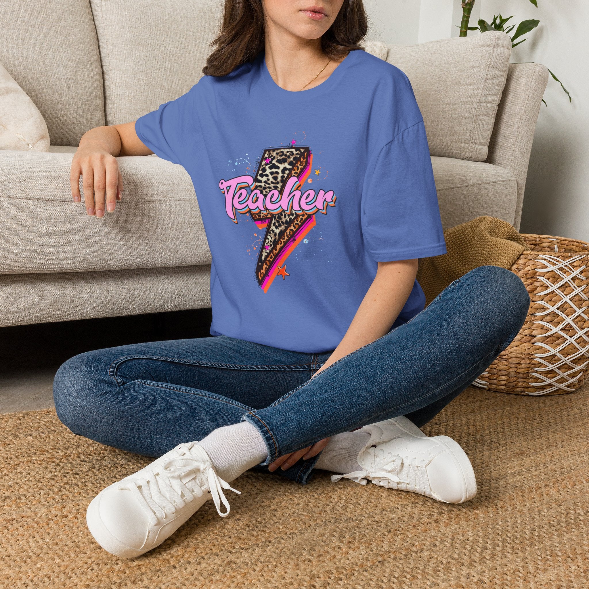 Teacher Lightning Bolt Graphic Tee — Leopard Print Retro Teacher Shirt