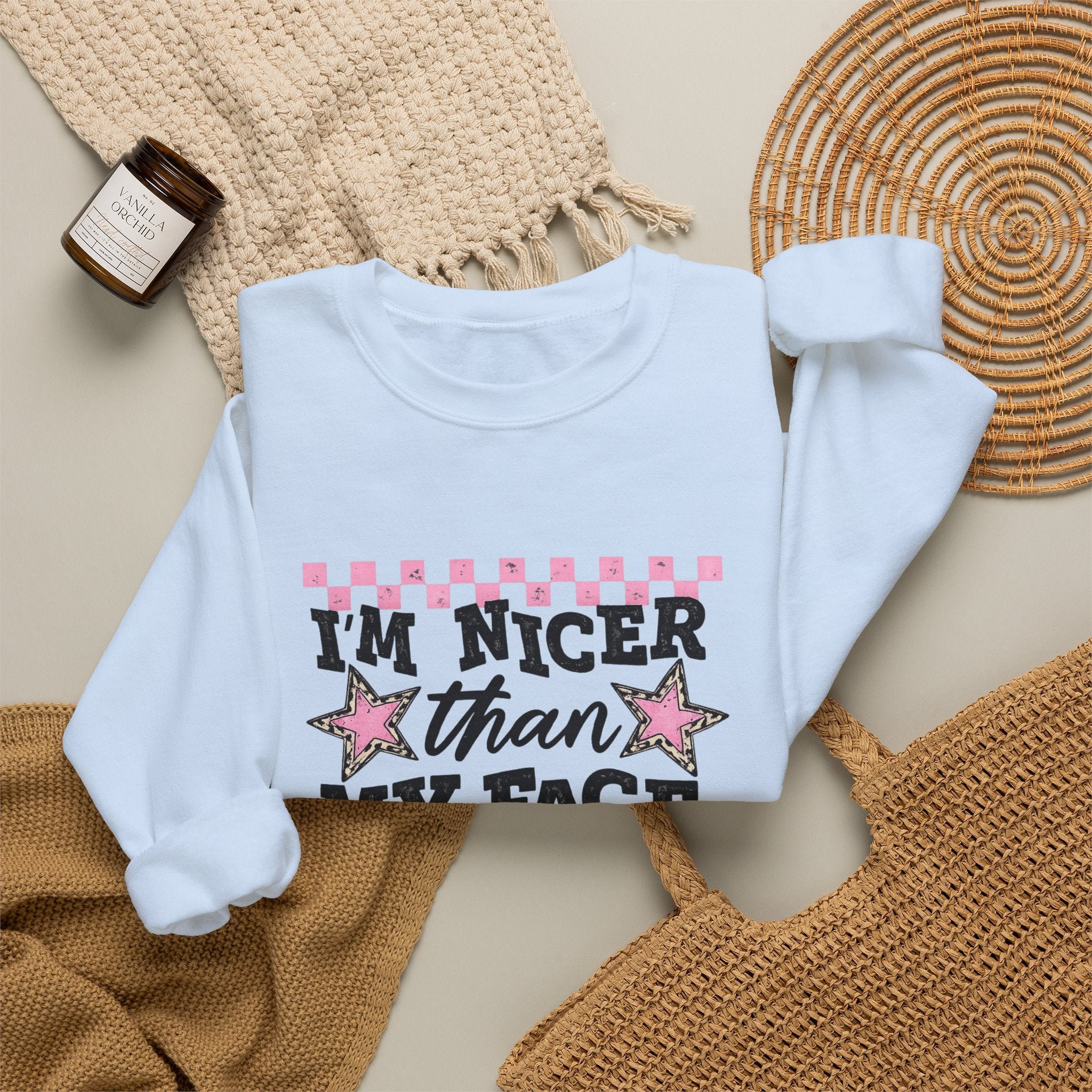 Crewneck Sweatshirt — “I’m Nicer Than My Face Looks” Pink Checker Star Design