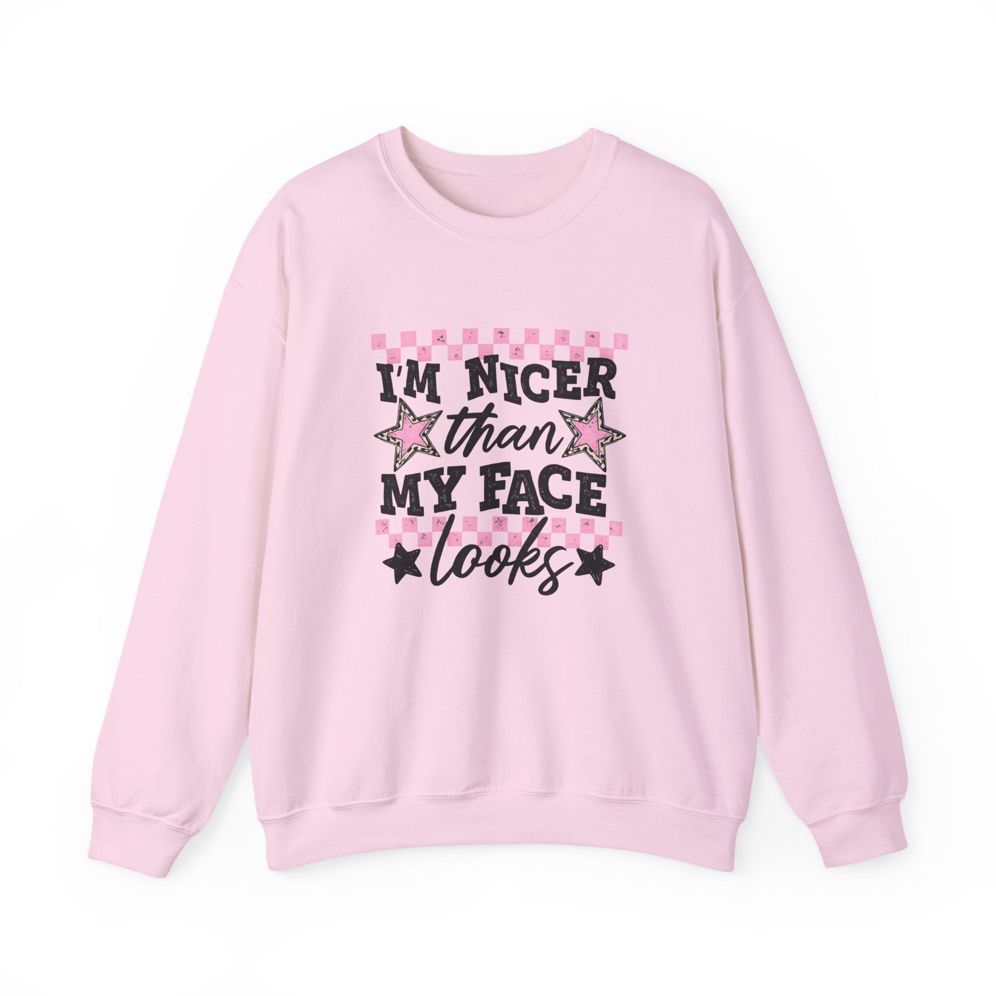 Crewneck Sweatshirt — “I’m Nicer Than My Face Looks” Pink Checker Star Design