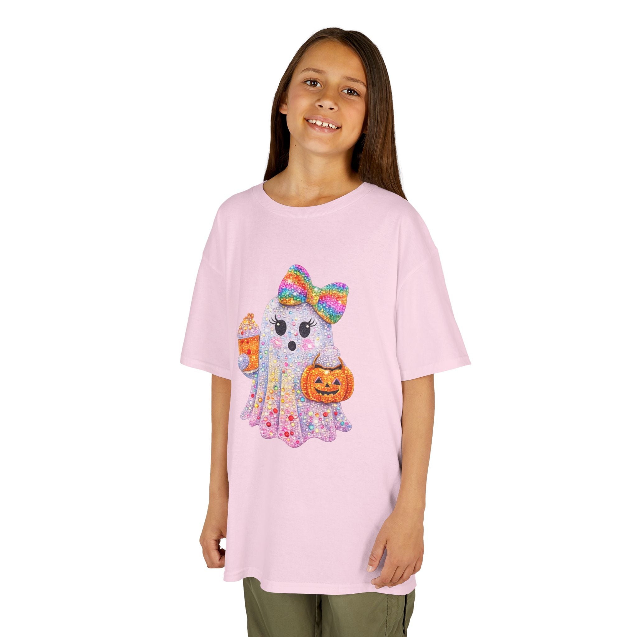 Kids Halloween Ghost Tee — Glitter Bow Ghost with Candy & Jack-o'-Lantern
