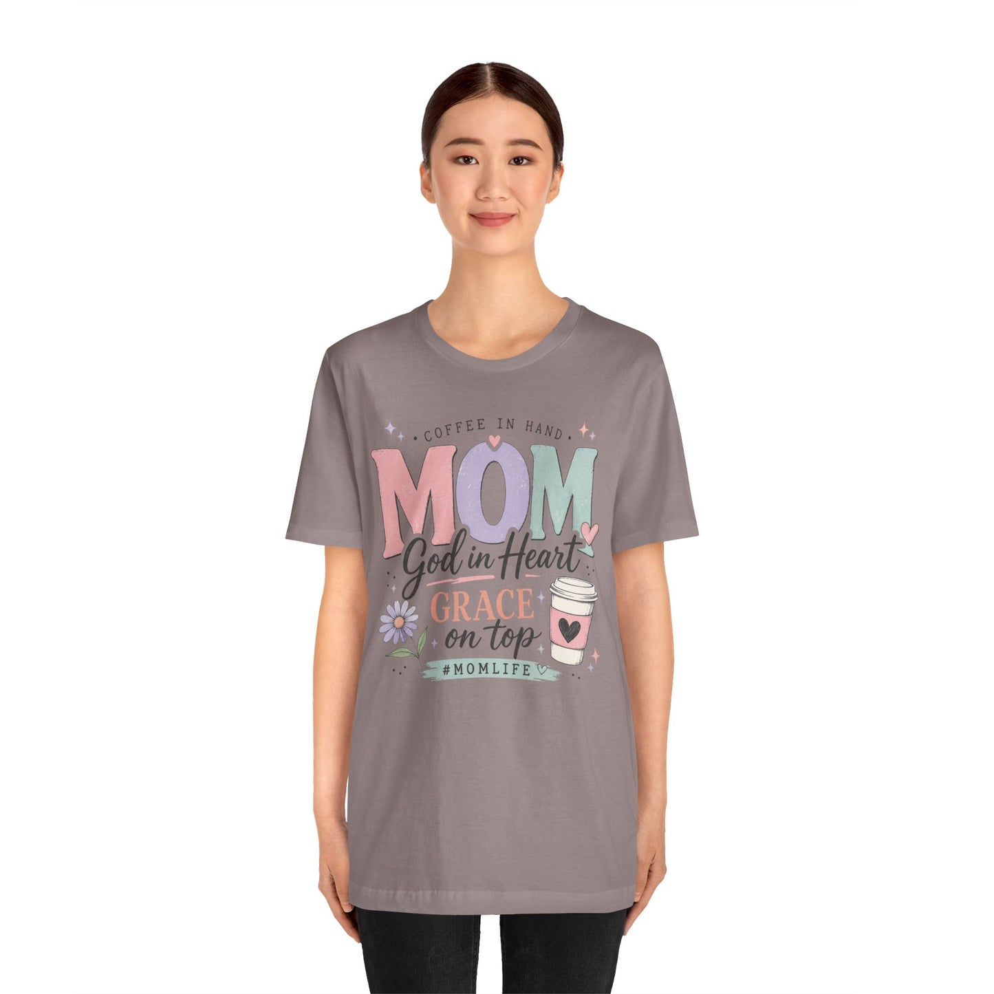 "Mom: God in Heart, Grace on Top" Floral Coffee Momlife Tee