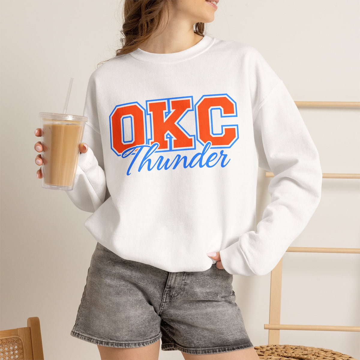 OKC Thunder Crewneck Sweatshirt — Retro Orange & Blue Basketball Pullover