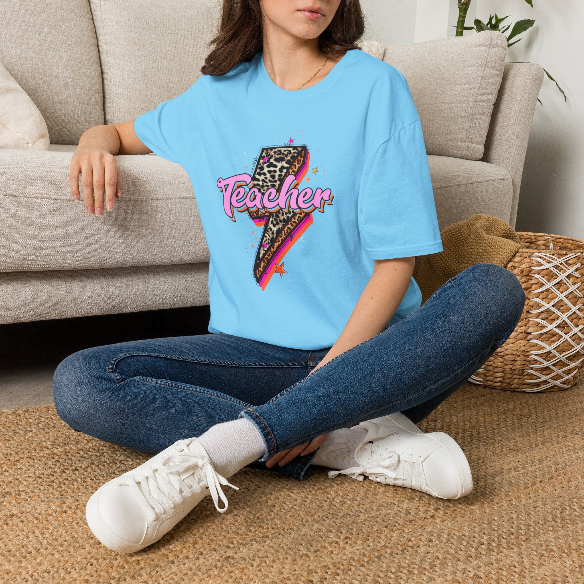 Teacher Lightning Bolt Graphic Tee — Leopard Print Retro Teacher Shirt