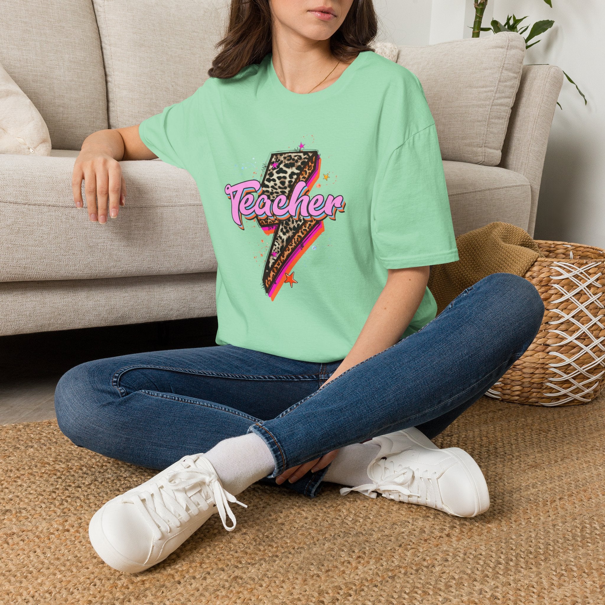 Teacher Lightning Bolt Graphic Tee — Leopard Print Retro Teacher Shirt