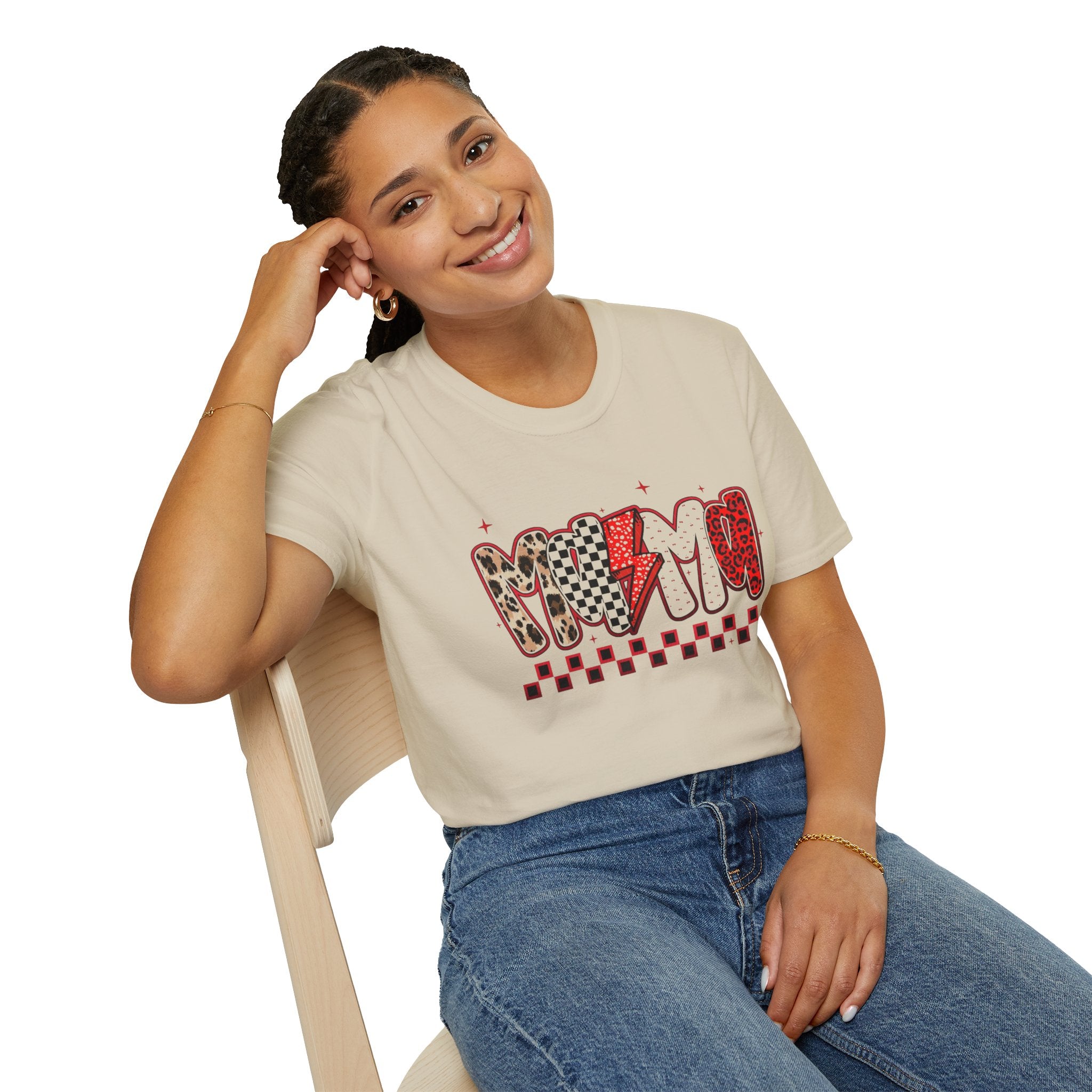 Mom Graphic T-Shirt — Retro Checker, Leopard & Lightning Bolt Design