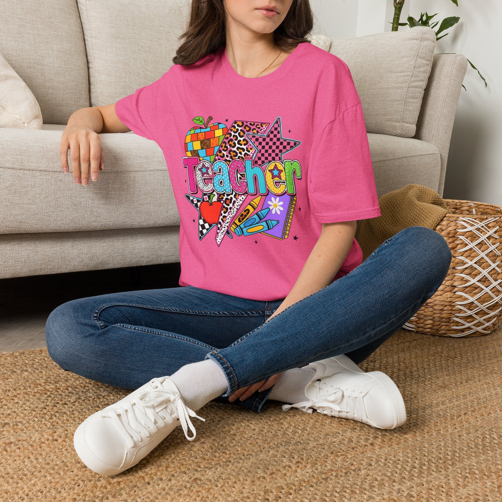 Teacher Colorful Stars & Apple Graphic T-Shirt