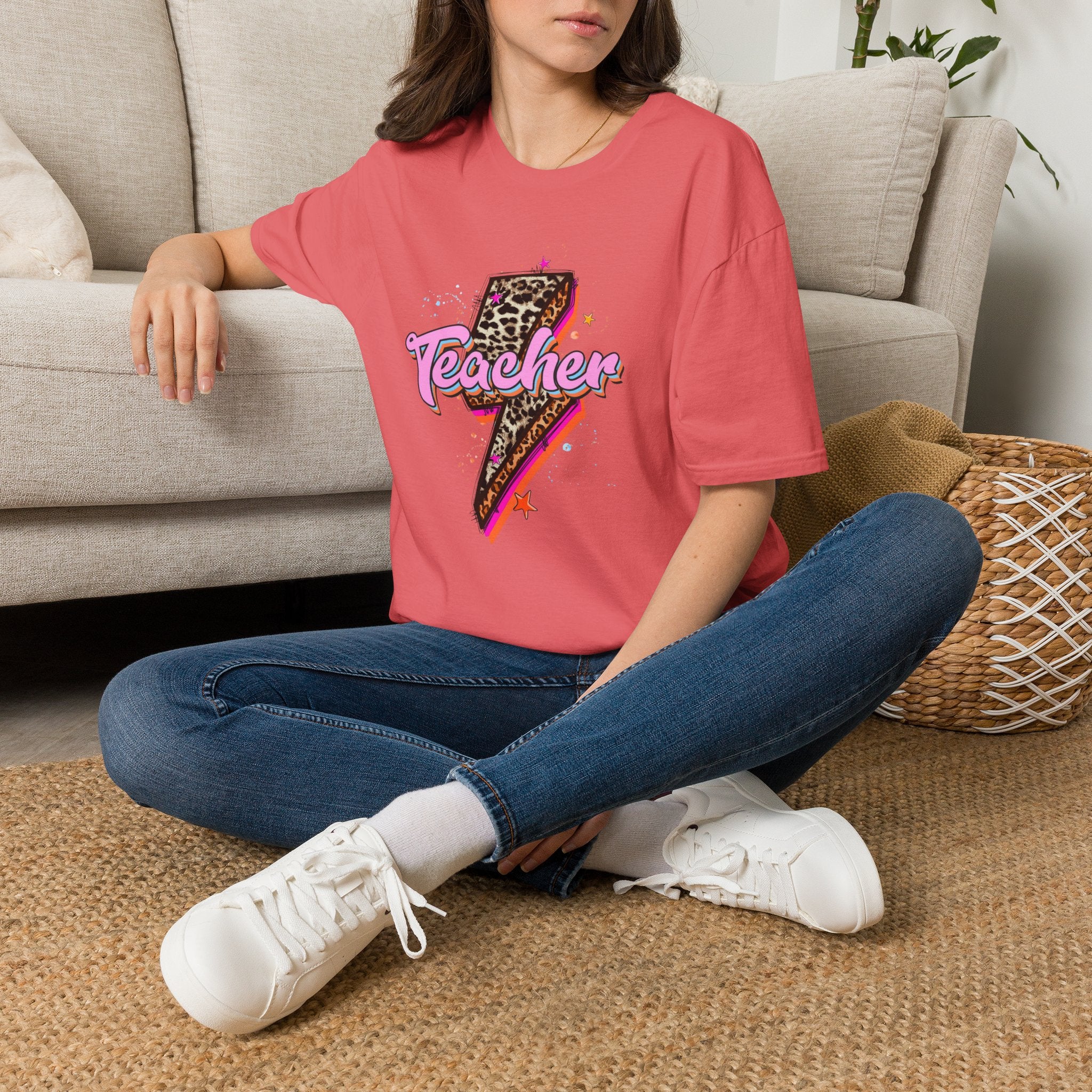 Teacher Lightning Bolt Graphic Tee — Leopard Print Retro Teacher Shirt