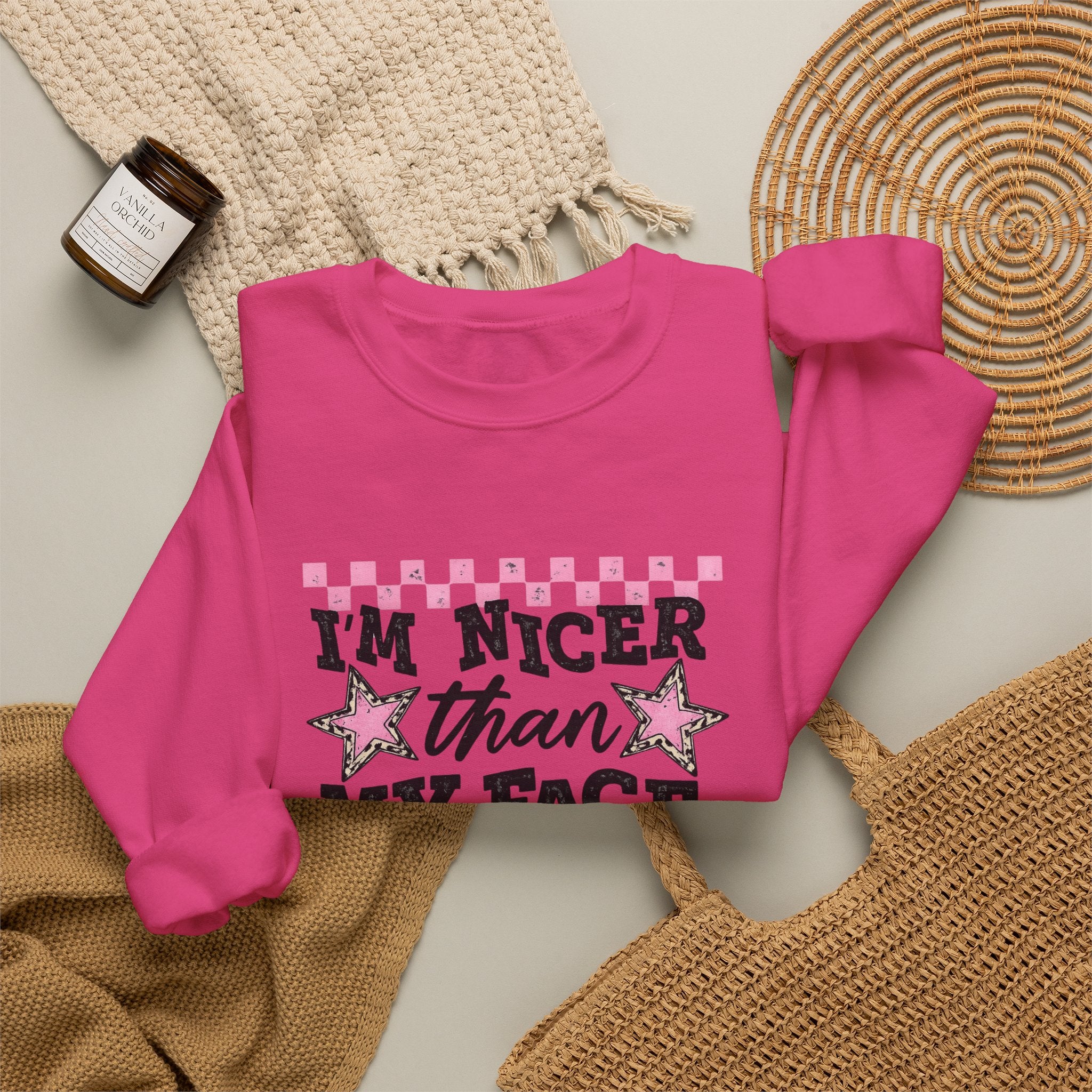Crewneck Sweatshirt — “I’m Nicer Than My Face Looks” Pink Checker Star Design