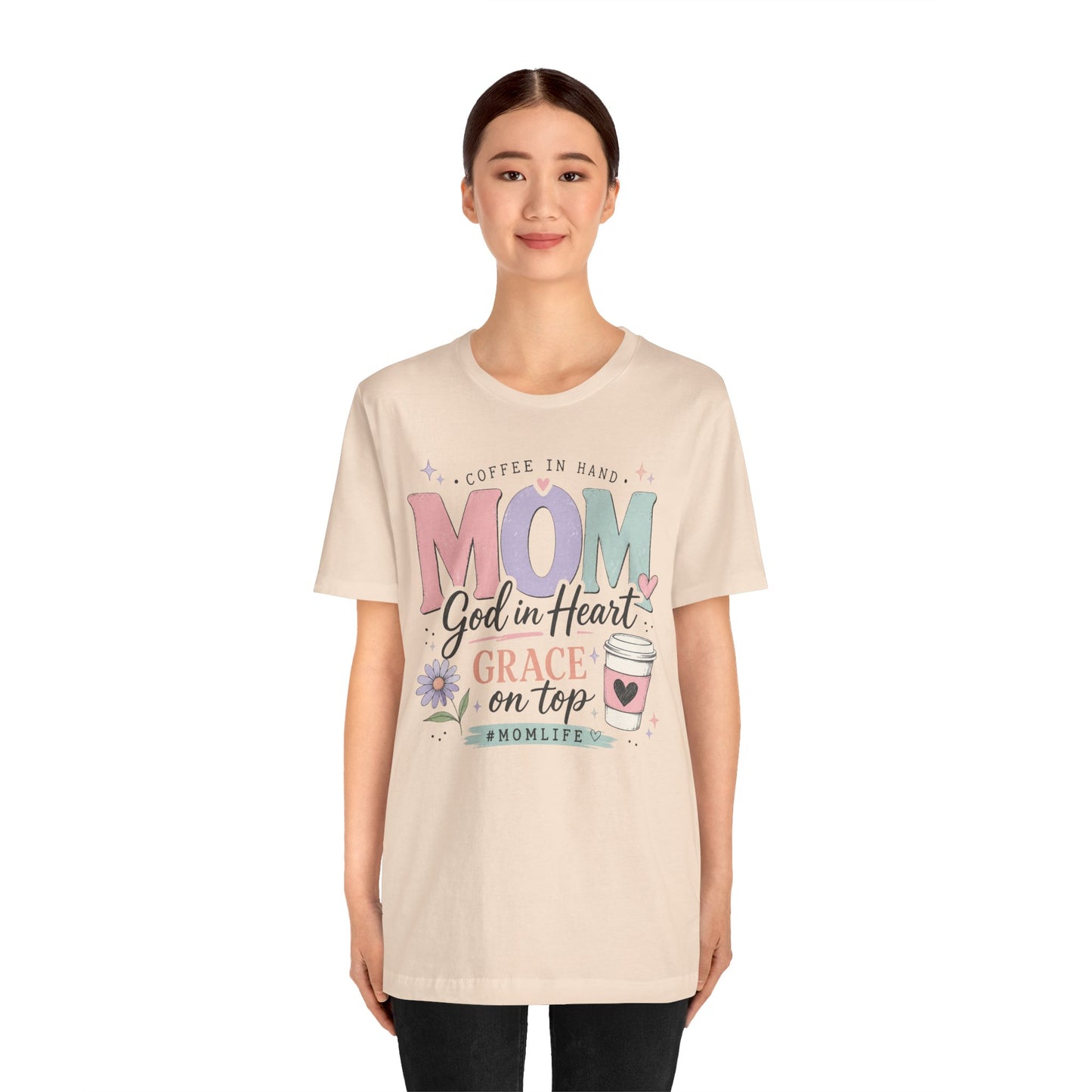 "Mom: God in Heart, Grace on Top" Floral Coffee Momlife Tee