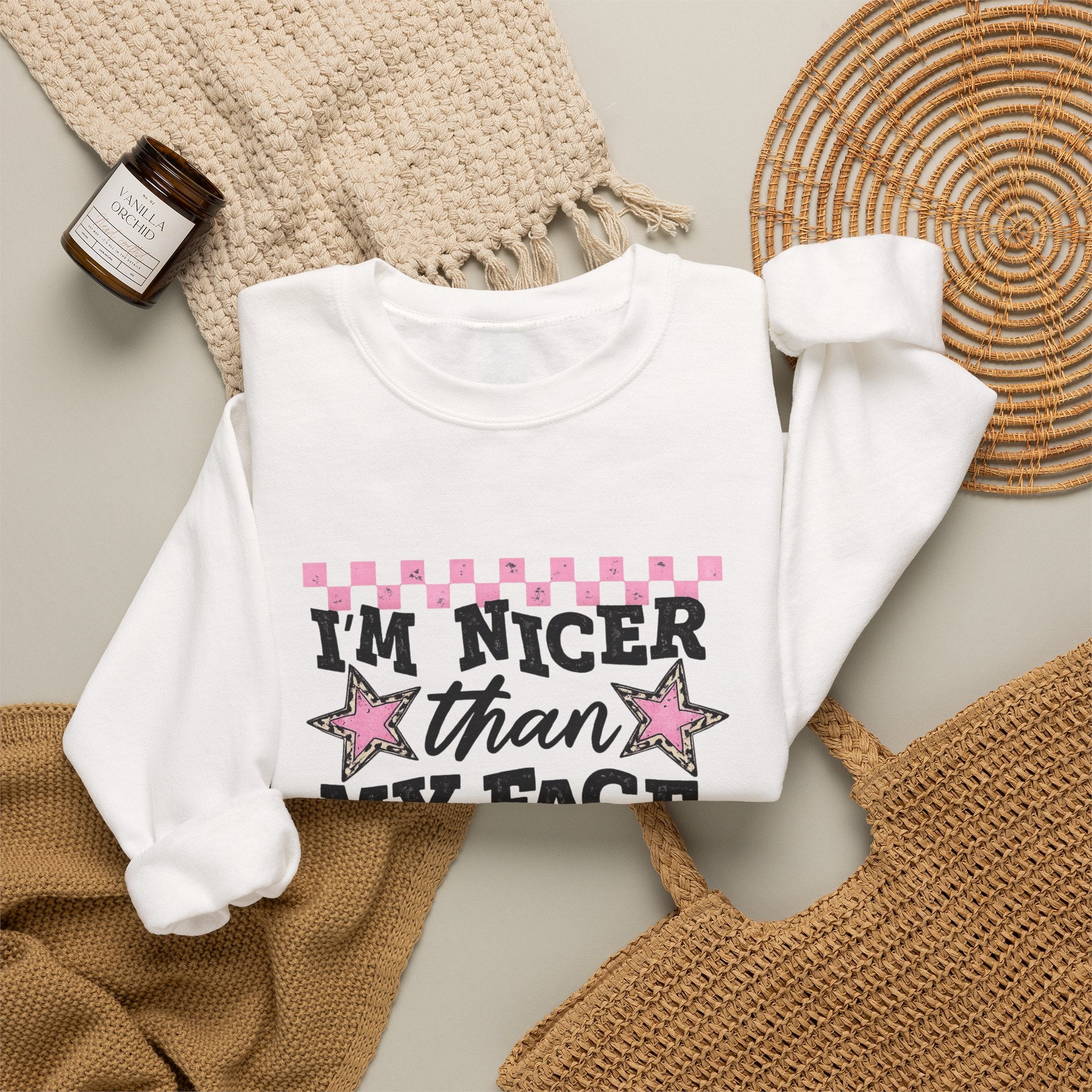 Crewneck Sweatshirt — “I’m Nicer Than My Face Looks” Pink Checker Star Design