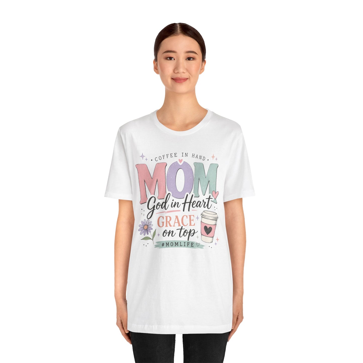 "Mom: God in Heart, Grace on Top" Floral Coffee Momlife Tee