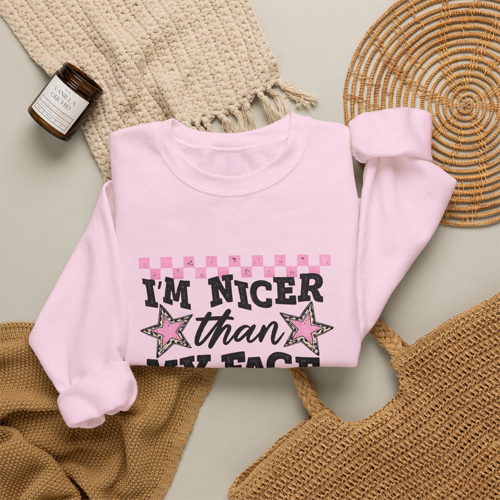 Crewneck Sweatshirt — “I’m Nicer Than My Face Looks” Pink Checker Star Design