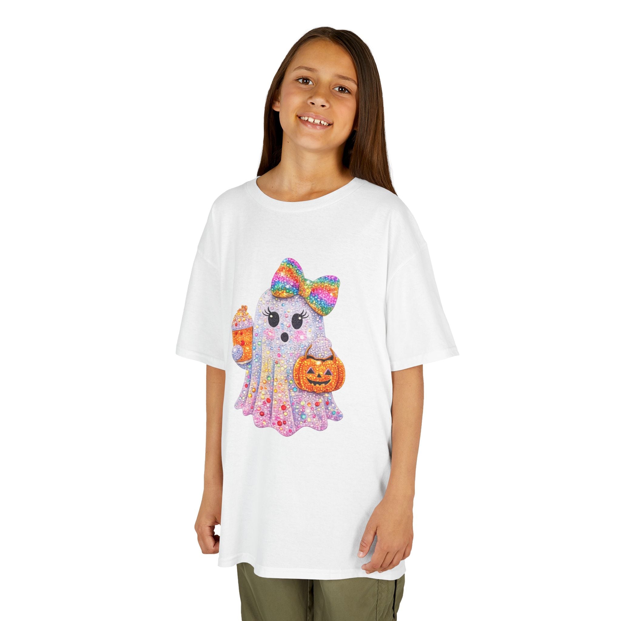 Kids Halloween Ghost Tee — Glitter Bow Ghost with Candy & Jack-o'-Lantern