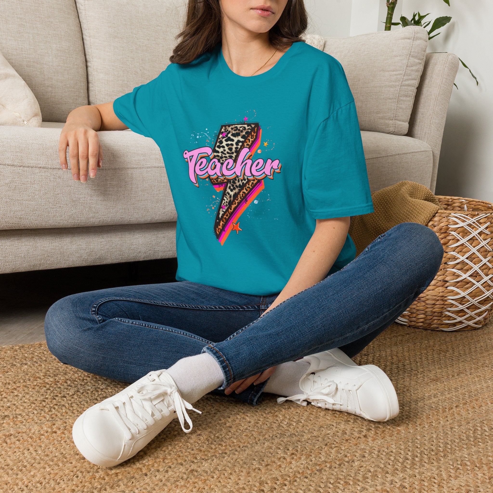 Teacher Lightning Bolt Graphic Tee — Leopard Print Retro Teacher Shirt