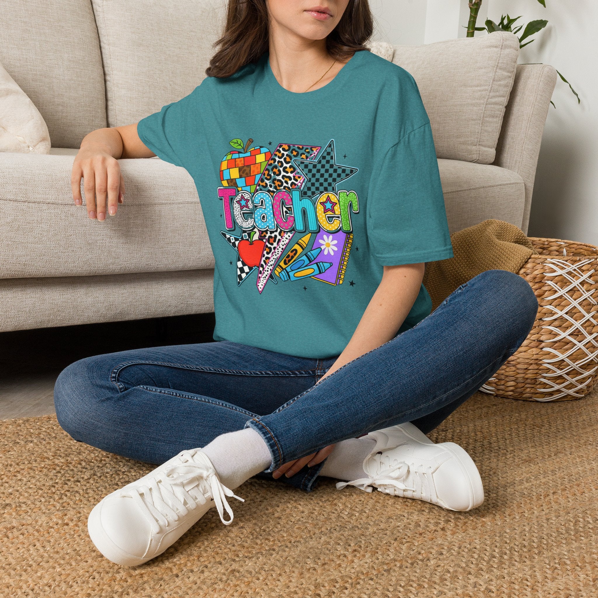 Teacher Colorful Stars & Apple Graphic T-Shirt