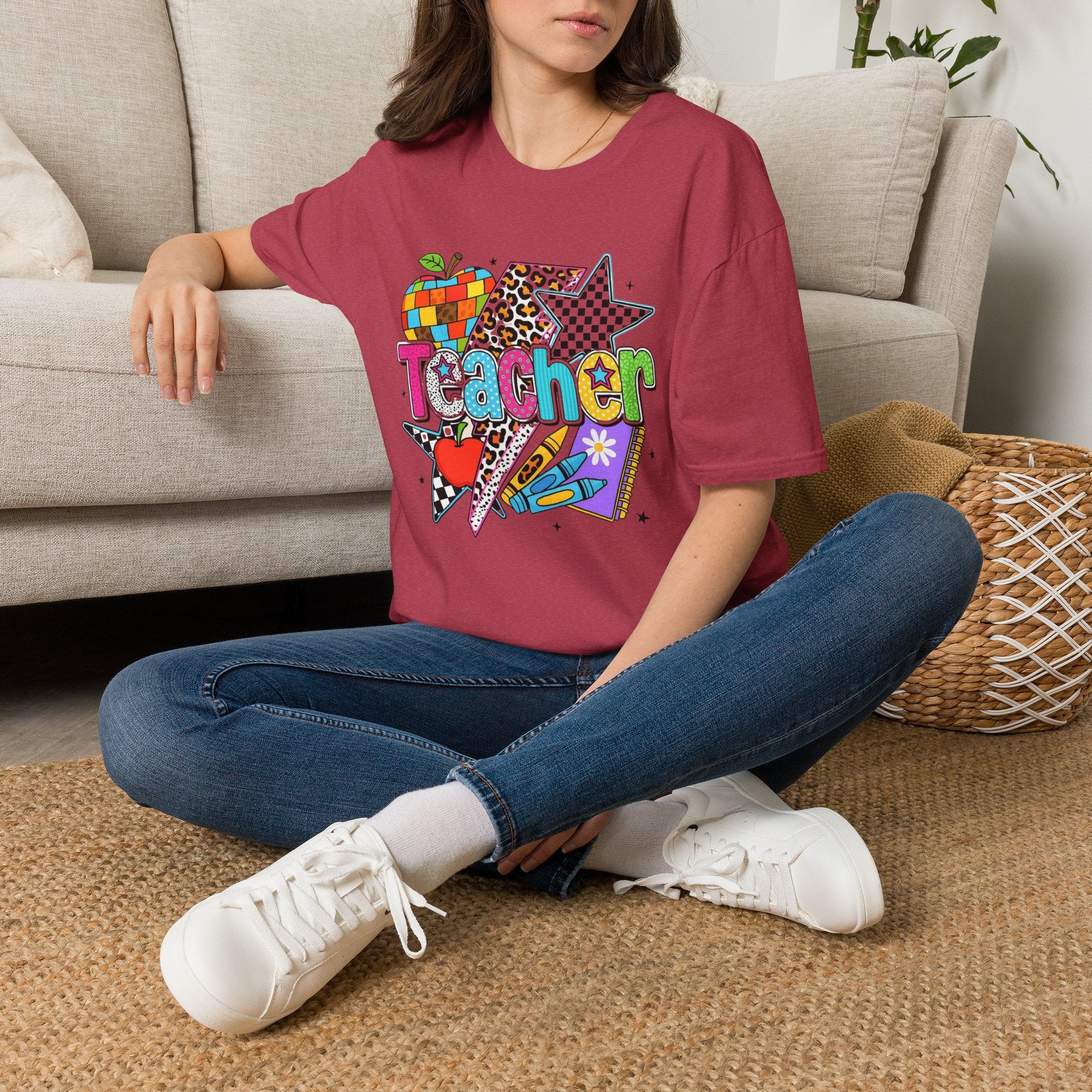 Teacher Colorful Stars & Apple Graphic T-Shirt