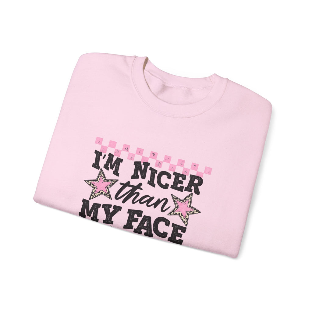 Crewneck Sweatshirt — “I’m Nicer Than My Face Looks” Pink Checker Star Design
