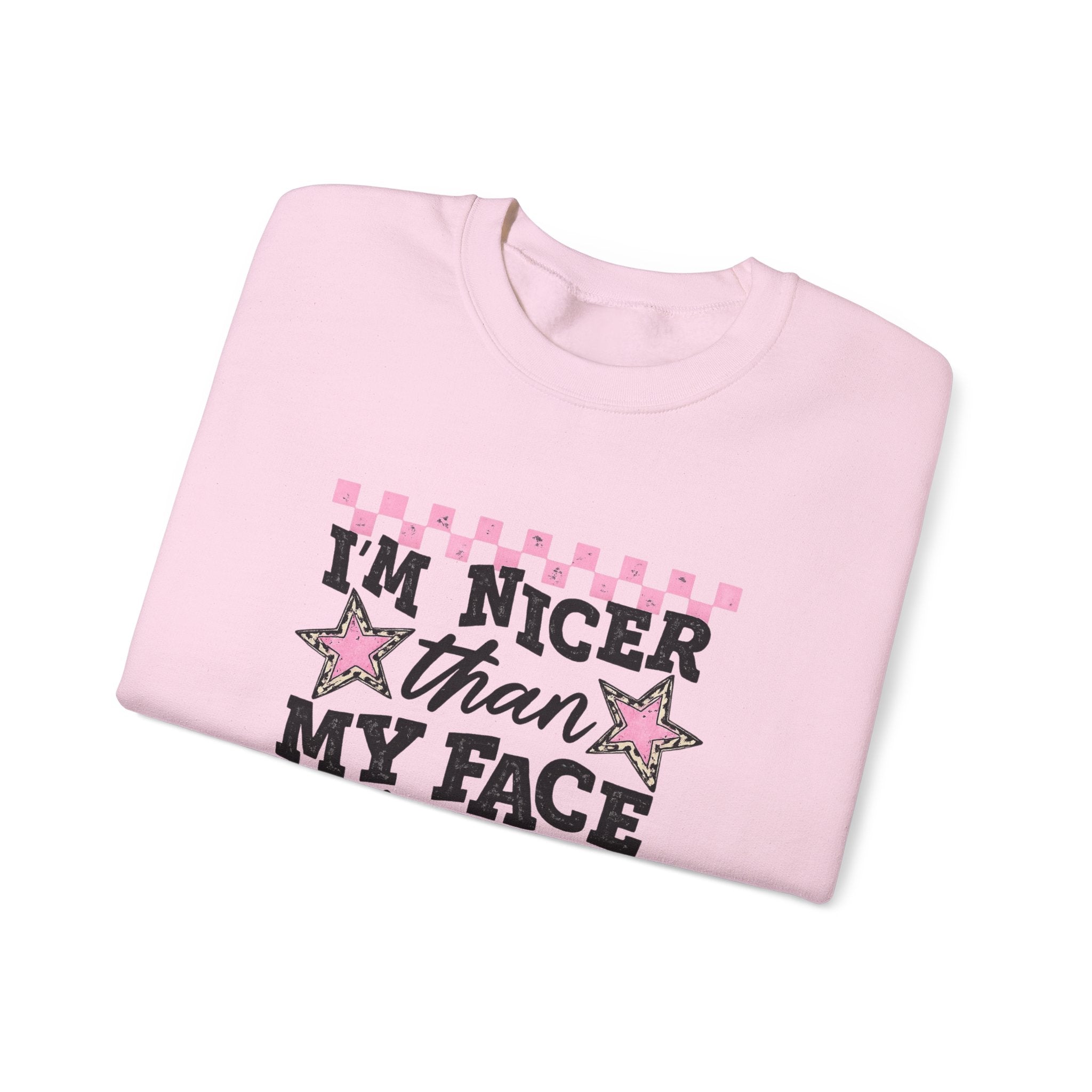 Crewneck Sweatshirt — “I’m Nicer Than My Face Looks” Pink Checker Star Design