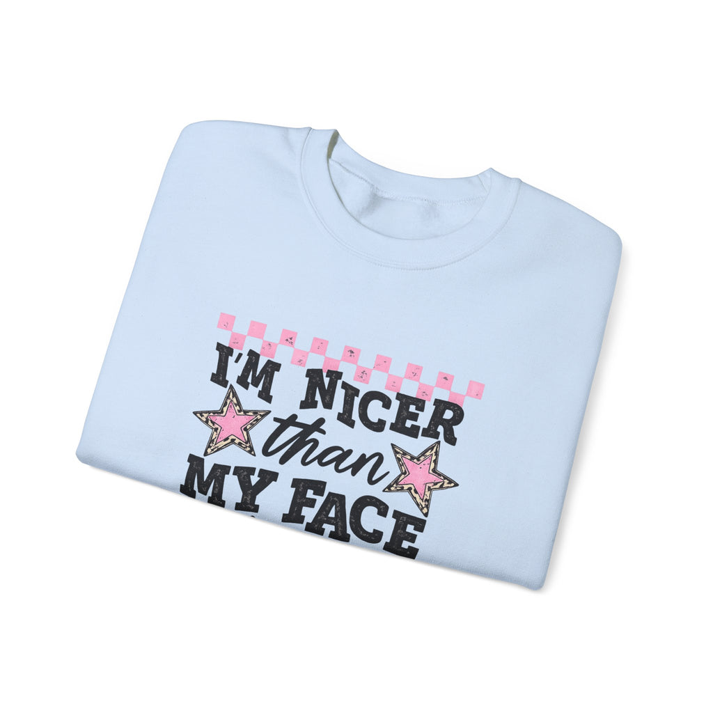 Crewneck Sweatshirt — “I’m Nicer Than My Face Looks” Pink Checker Star Design