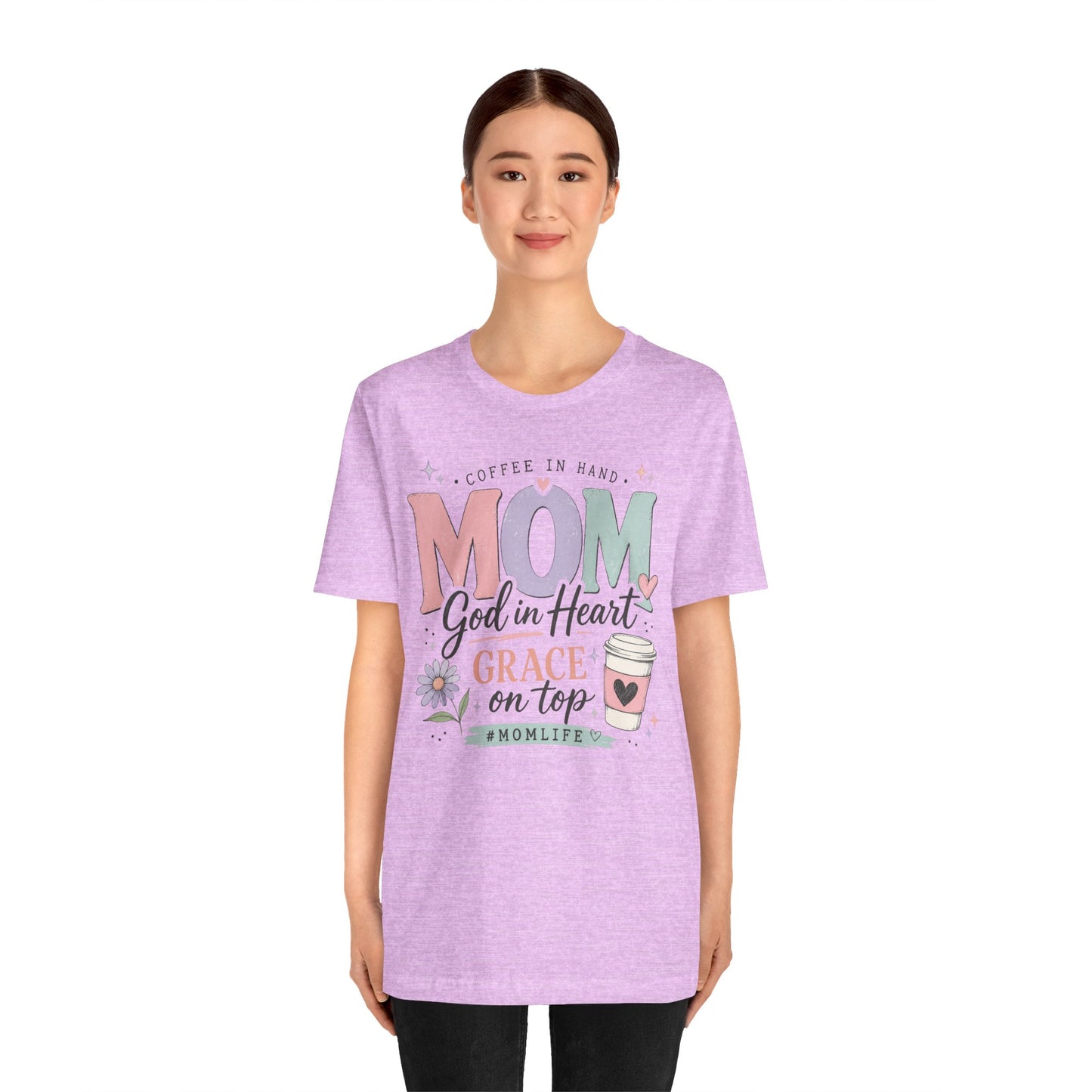 "Mom: God in Heart, Grace on Top" Floral Coffee Momlife Tee