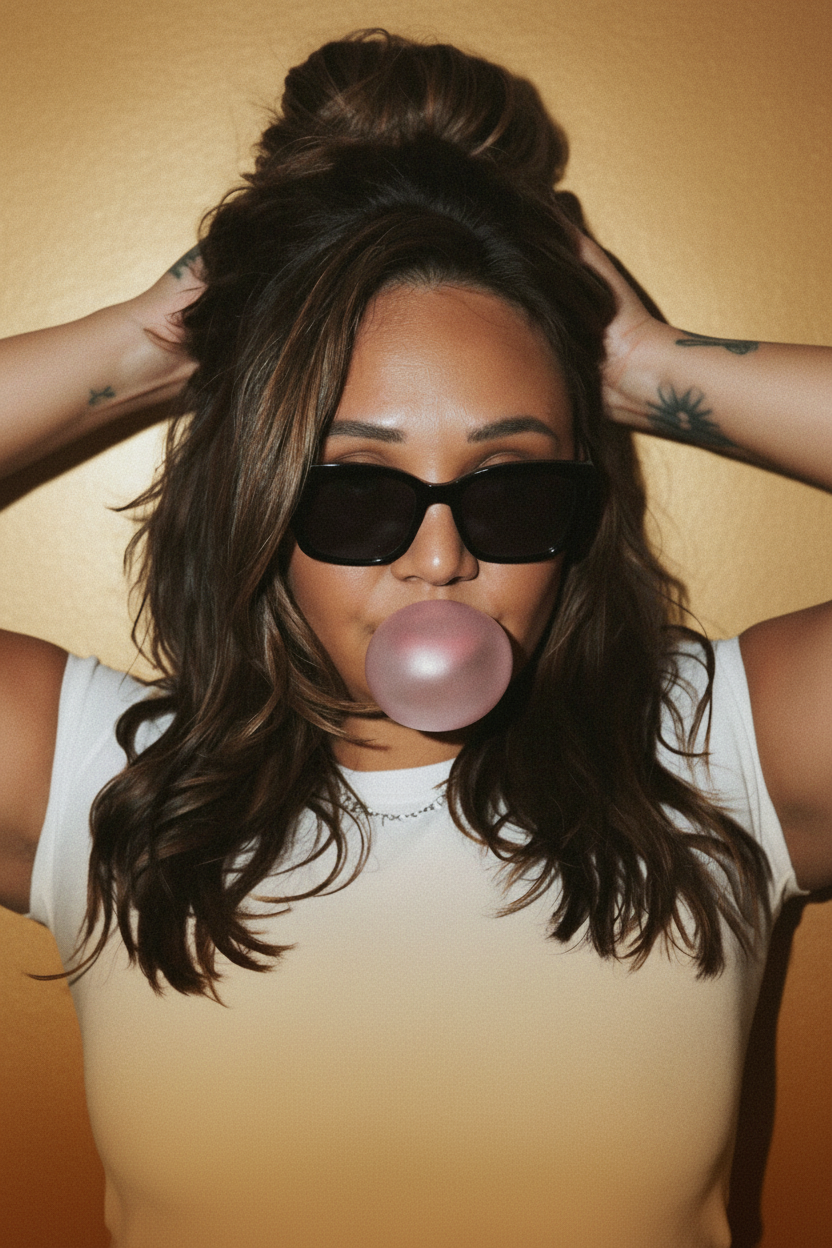 A woman with dark sunglasses and a messy bun blowing a pink bubble gum bubble, wearing a white sleeveless top against a plain light gray background. no tattoos on arms